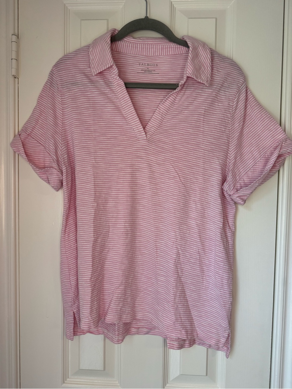 Talbots Pink and White Striped Polo-Style Short Sleeve Top